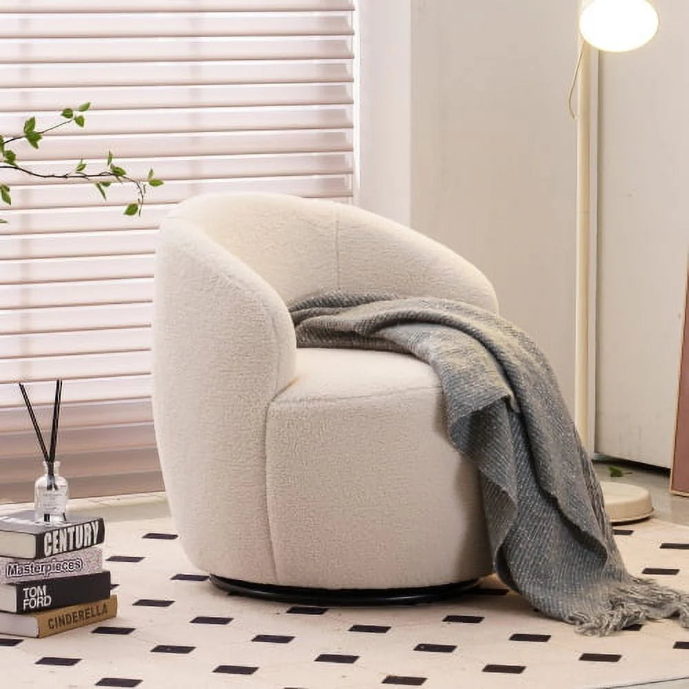 Swivel Chair, Round Accent Sofa Chair, Teddy Fabric Swivel Accent Armchair, Modern Leisure Arm Chair for Living Room, Hotel, Bedroom, Office, Ivory