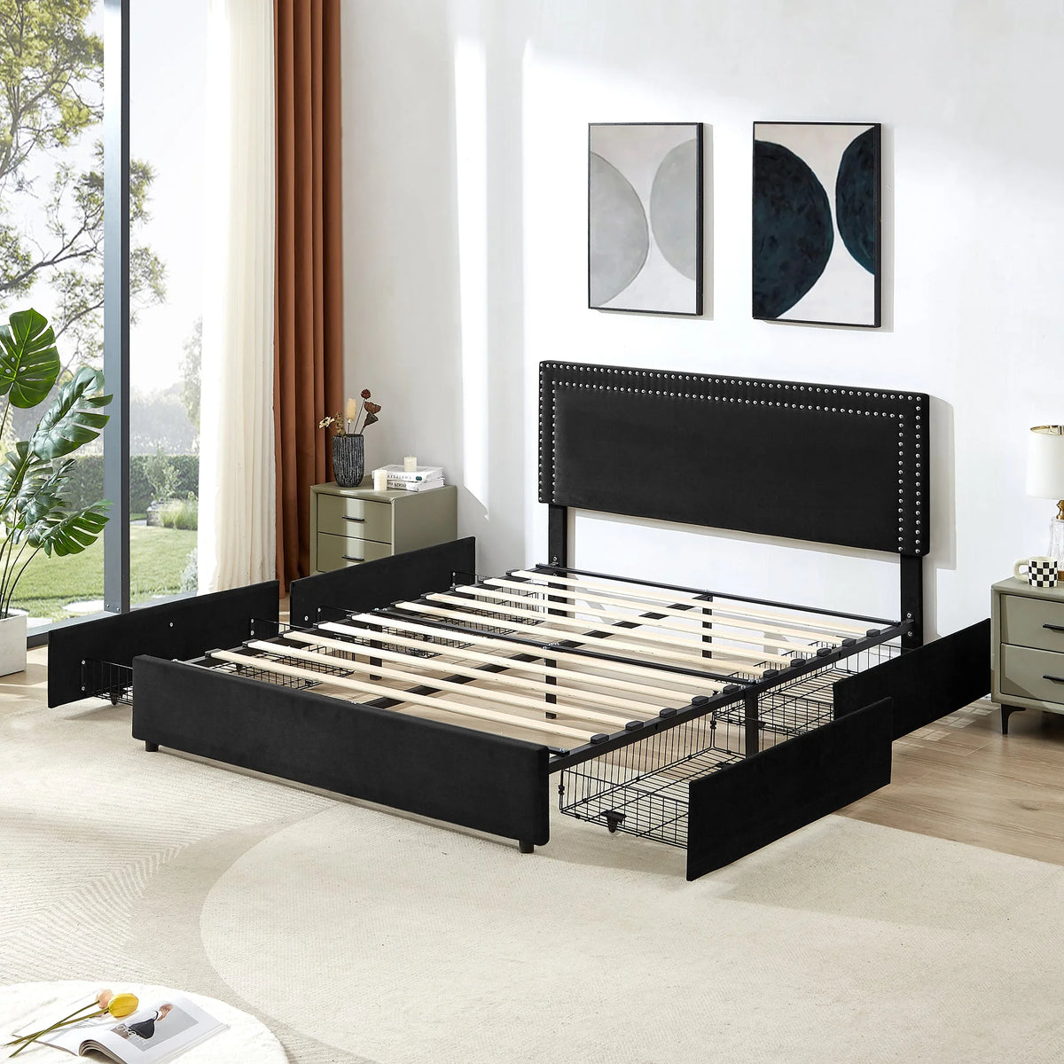 VECELO Full Bed Frame with 4 Storage Drawers (Wheeled) and Tufted Upholstered Adjustable Headboard Platform Bed, Beige