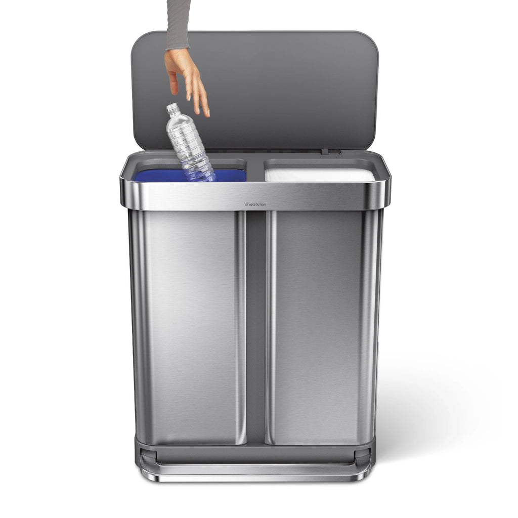 simplehuman 58 Liter / 15.3 Gallon Rectangular Dual Compartment Recycling Step, Brushed Stainless Steel with Soft-Close Plastic Lid Kitchen Trash Can