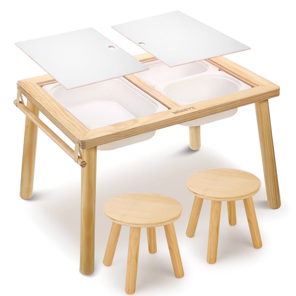 Sweet Time Toddler Sensory Table Chairs, Wood Kids Activity Table with Storage Play Study Furniture
