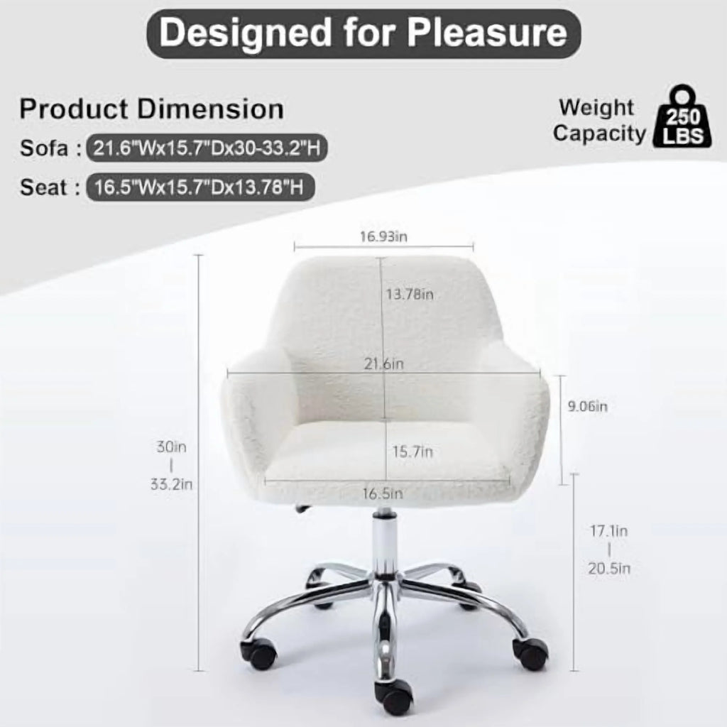 Modern Faux Fur Home Office Chair Height Adjustable, White Desk Chair Vanity Chair for Makeup Room, Rolling Desk Chairs with Wheels, Swivel Furry Cute Desk Chair for Teen Girls Women