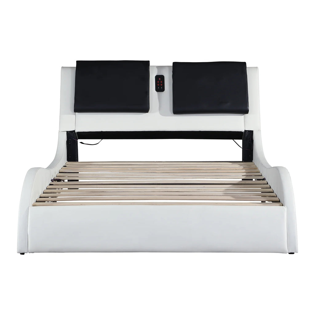 OYang King Size Platform Bed Frame wth LED Light And USB Charging Ports Headboard, Wave-Like Curve Backrest Vibration Massage Upholstered Faux Leather Bed for Home