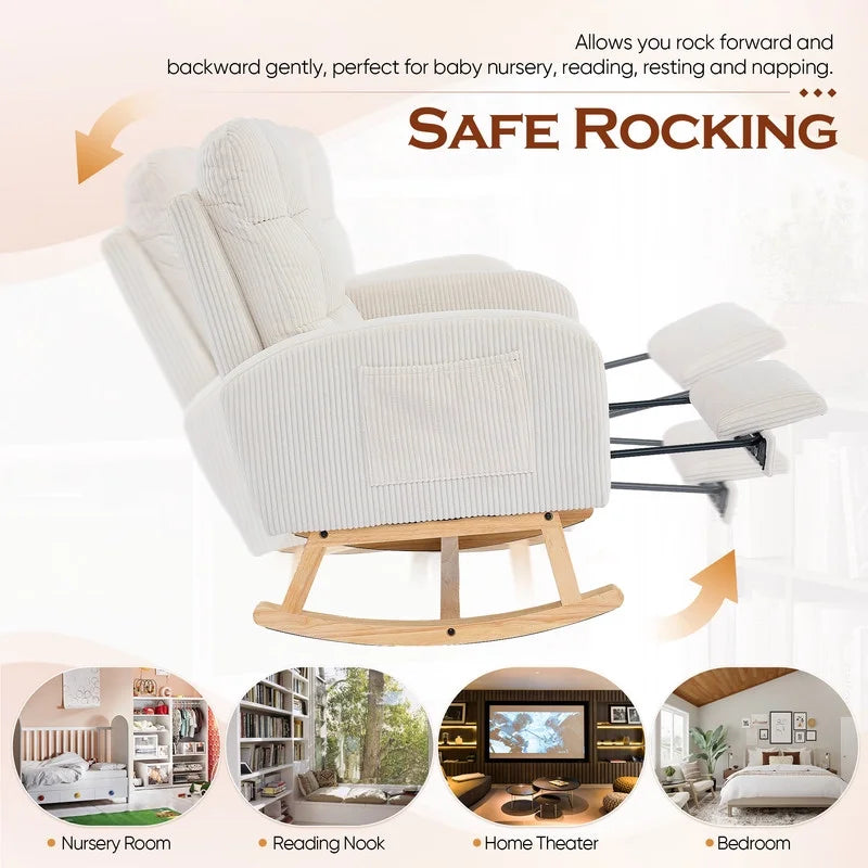 FFH Rocking Chair Nursery, Tufted Accent Rocker Chair, Upholstered Armchair with Adjustable Footrest, Side Pocket, High Backrest, Padded Seat, Polyester Blend (Retro, Dark Gray)