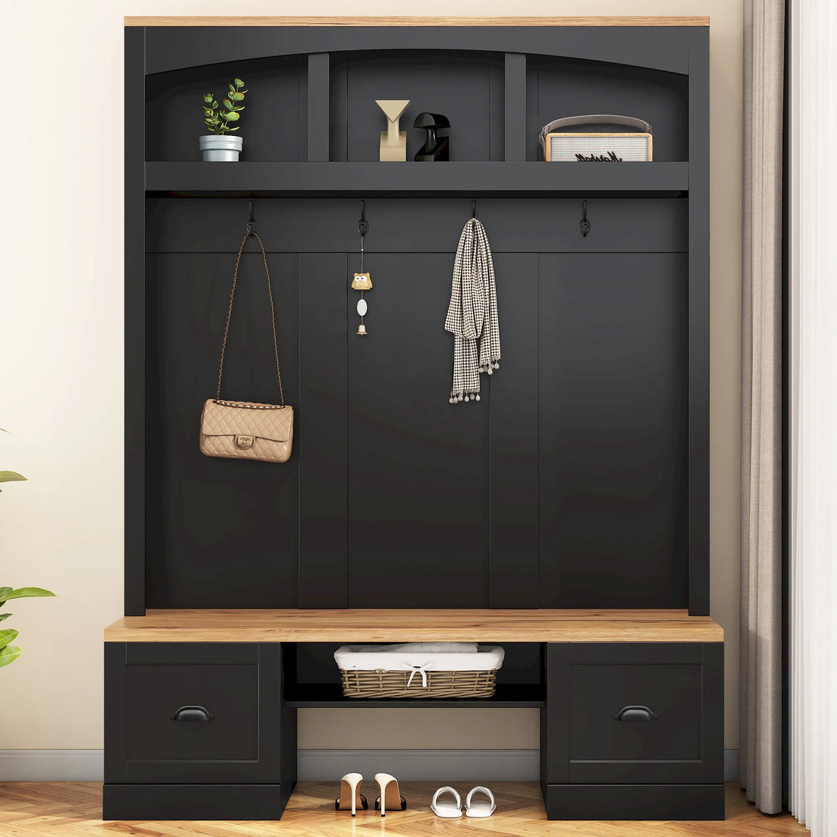 Harper & Bright Designs Farmhouse Hall Tree with Bench and Shoe Storage, Mudroom Bench with Coat Rack and Adjustable Shelves for Hallway, Living Room, White