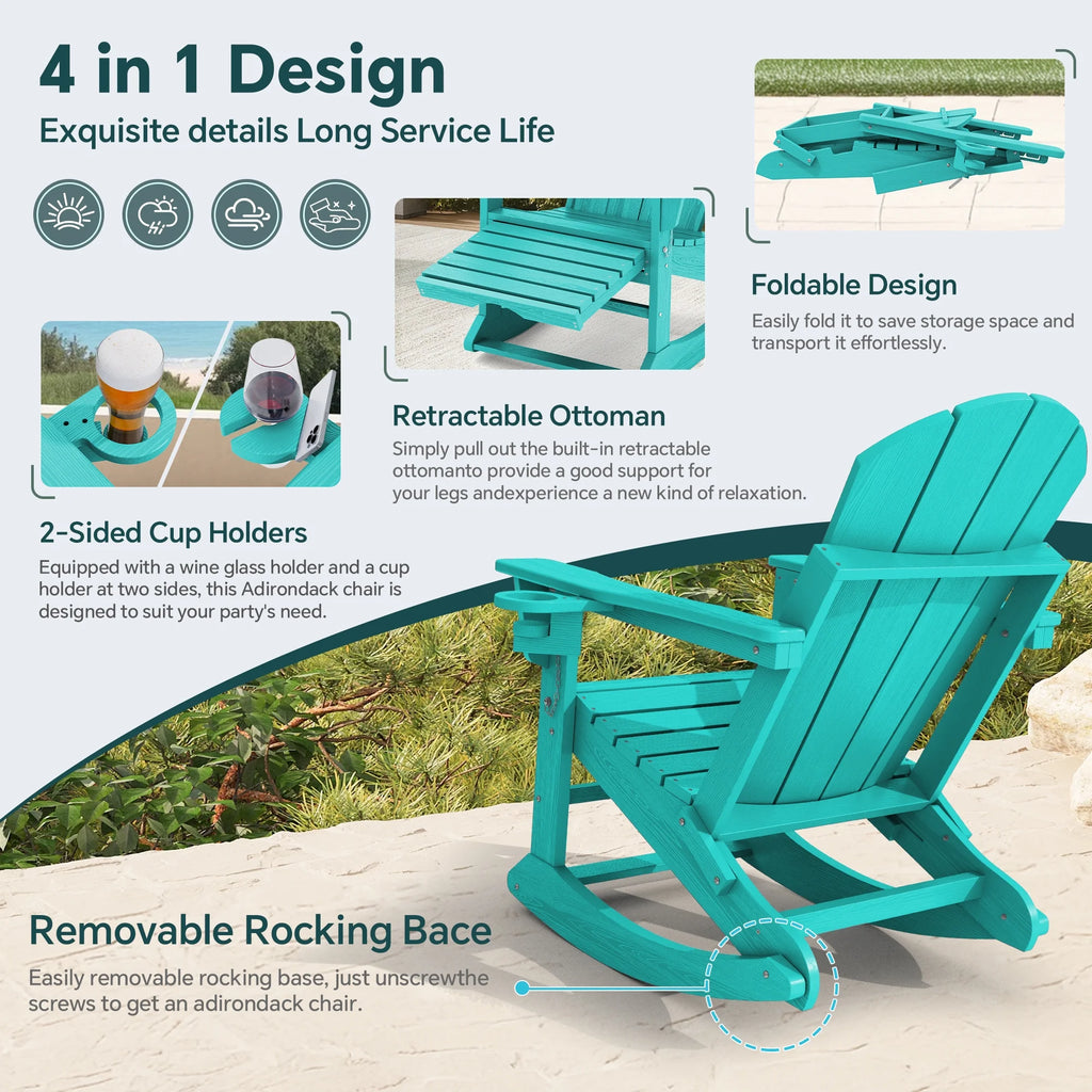 KINGYES Folding Adirondack Rocker Chair Set of 2 W/ Footrest & Dual Cup Holders, HDPE Outdoor Patio Rocking Chair, Black