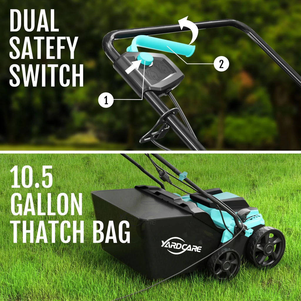 2-in-1 Scarifier and Dethatcher �C Deep Soil Revitalization with High-Torque Motor, Adjustable Depth Control, Dual Safety Switch & Removable 10.5-Gallon Thatch Bag