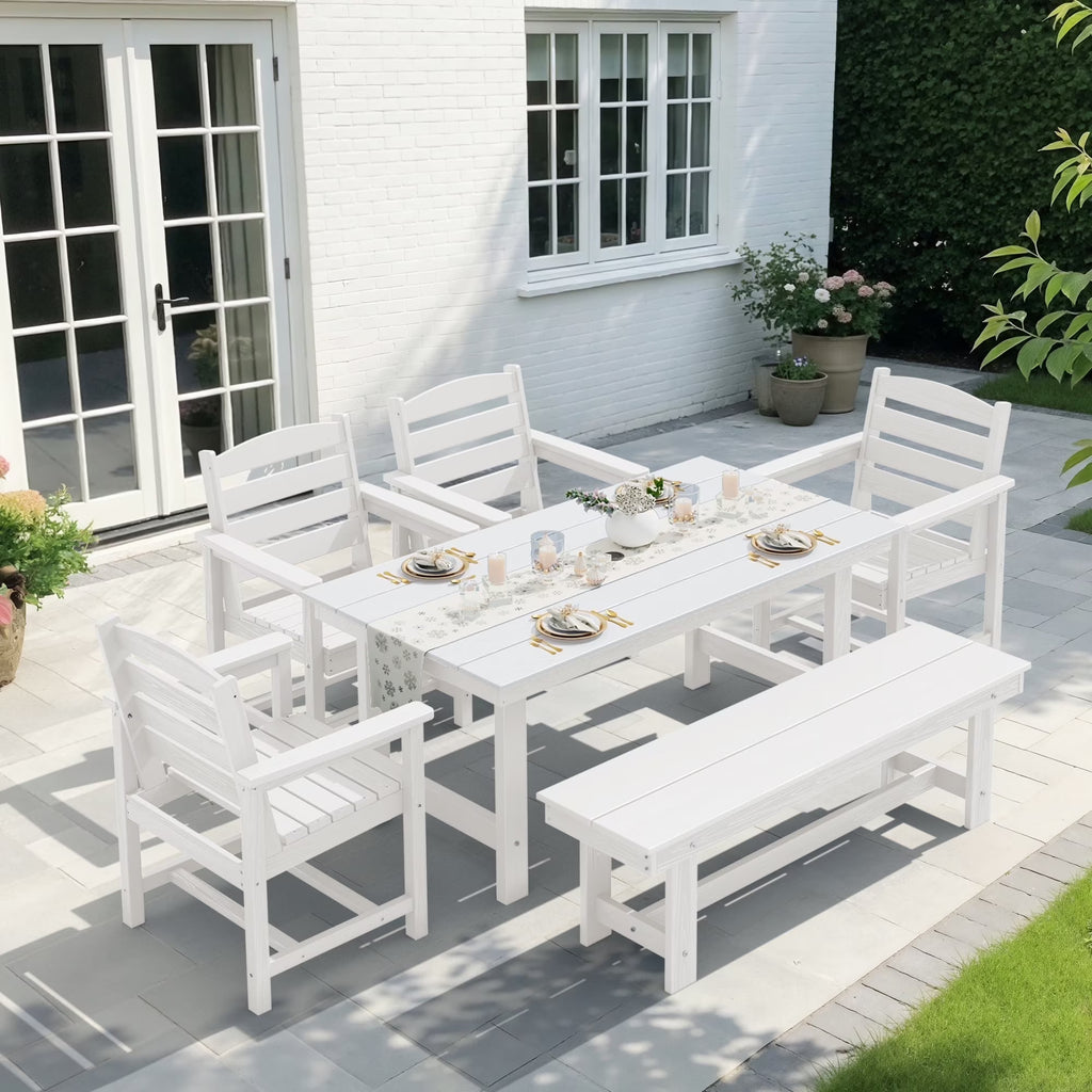 KINGYES 7-Piece Outdoor Dining Set, HDPE Patio Table and Chairs with Umbrella Hole, Gray