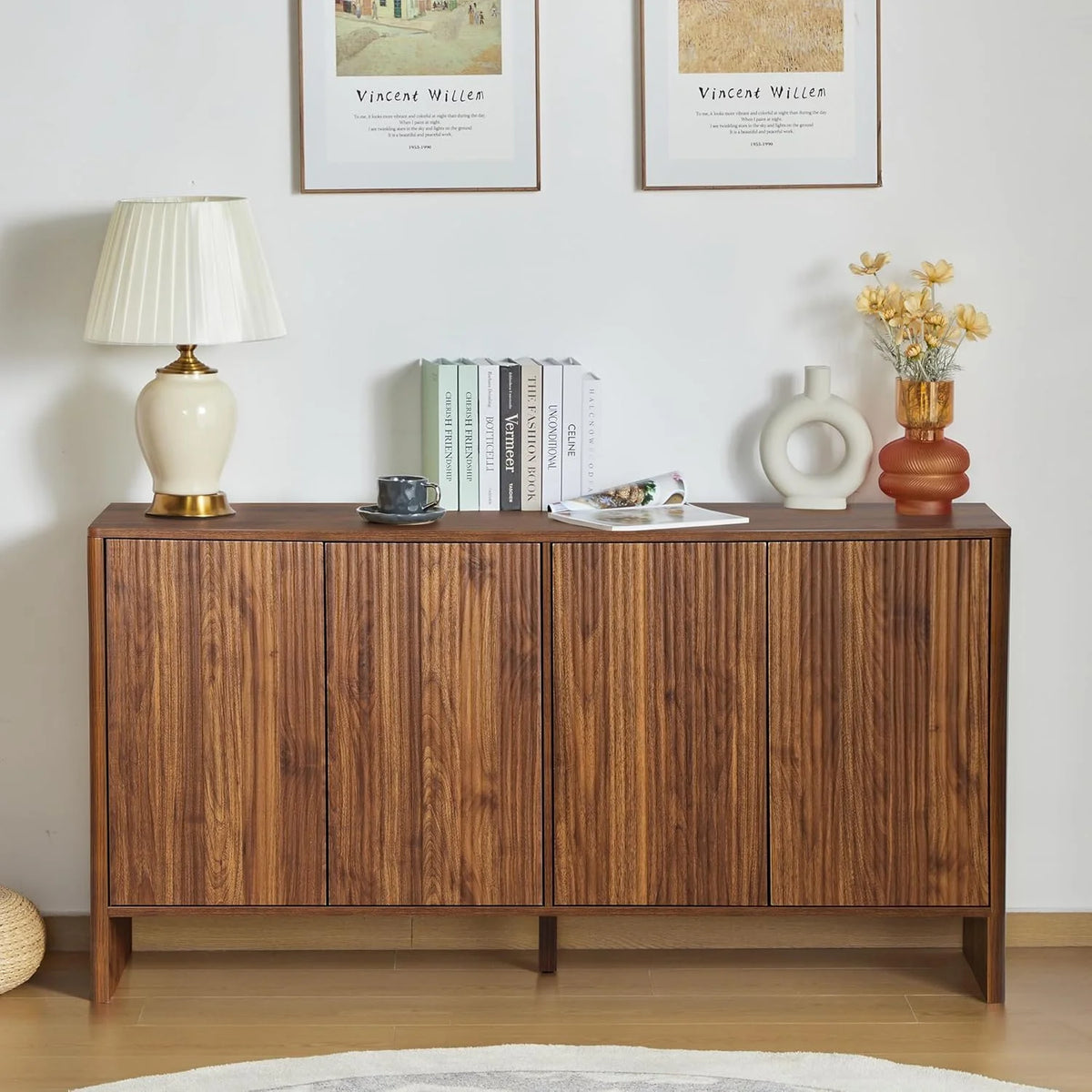 Wirrytor Sideboard Storage Cabinet with Doors and Shelves, Buffet Cabinet with Storage, Credenza Storage Cabinet for Kitchen, Wooden Fluted Cabinet, Under TV Cabinet with Storage - Black