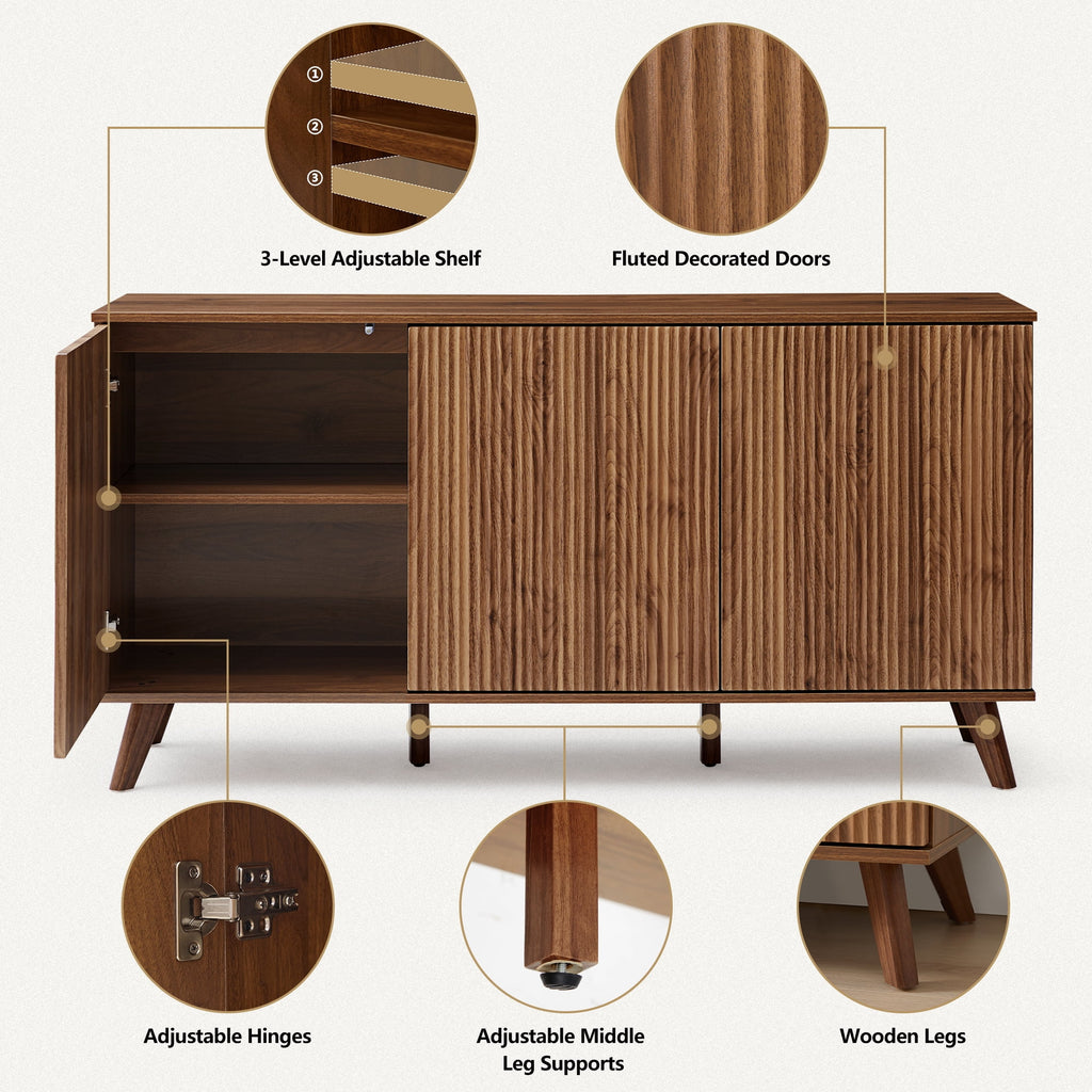 Wirrytor Sideboard Storage Cabinet with Doors and Shelves, Buffet Cabinet with Storage, Credenza Storage Cabinet for Kitchen, Wooden Fluted Cabinet, Under TV Cabinet with Storage - Black