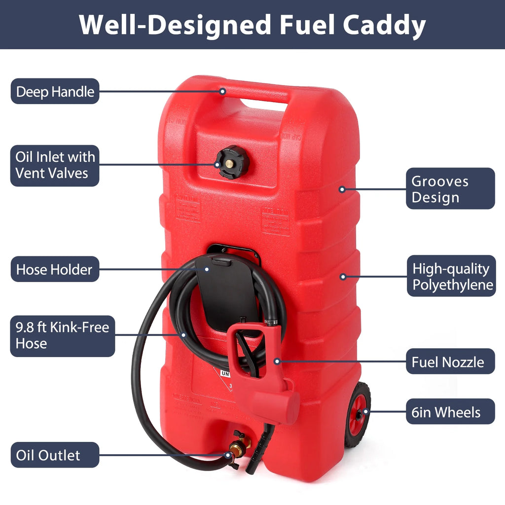15 Gallon Fuel Caddy, Portable Gas Fuel Tank Container with LE Fluid Transfer Siphon Pump and 10ft. Delivery Hose, Diesel Storage Can On-Wheels for Cars, Lawn Mowers, ATVs, Boats, Gray