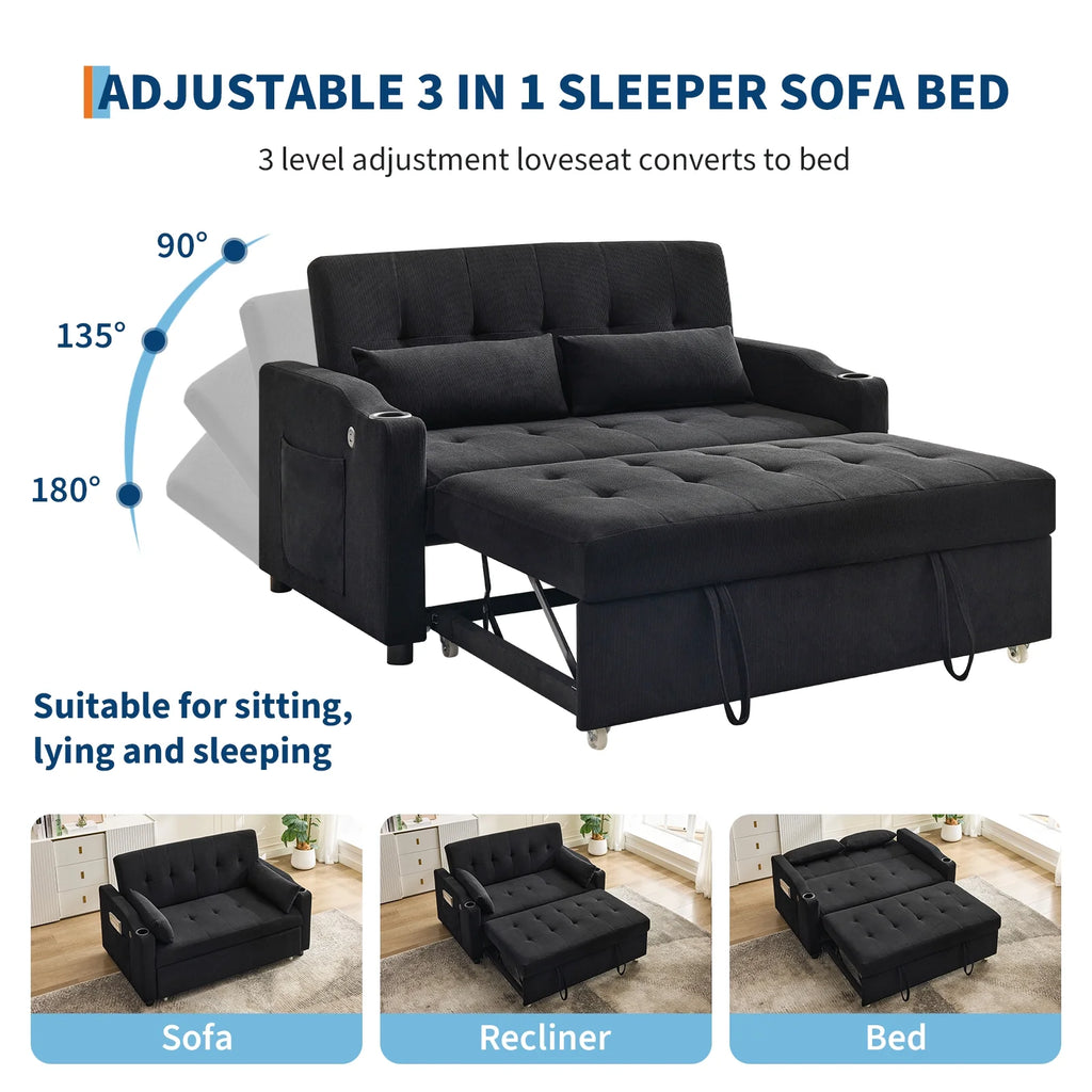 3 in 1 Convertible Sleeper Sofa Bed, Corduroy Futon Couches with Pull-Out Bed, Adjustable Backrest, Charging Port & Side Pockets, Modern Upholstered Sofa for Living Room, Guest Room