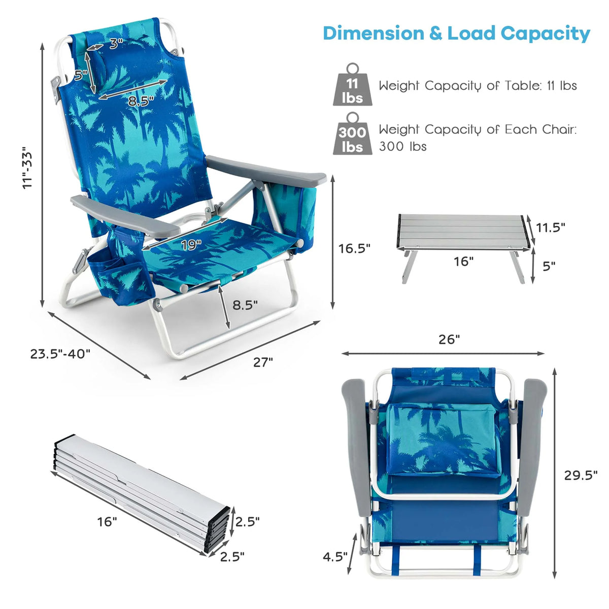 Costway 2-Pack Folding Backpack Beach Chair Table Set 5-Position Outdoor Reclining Chair Pink