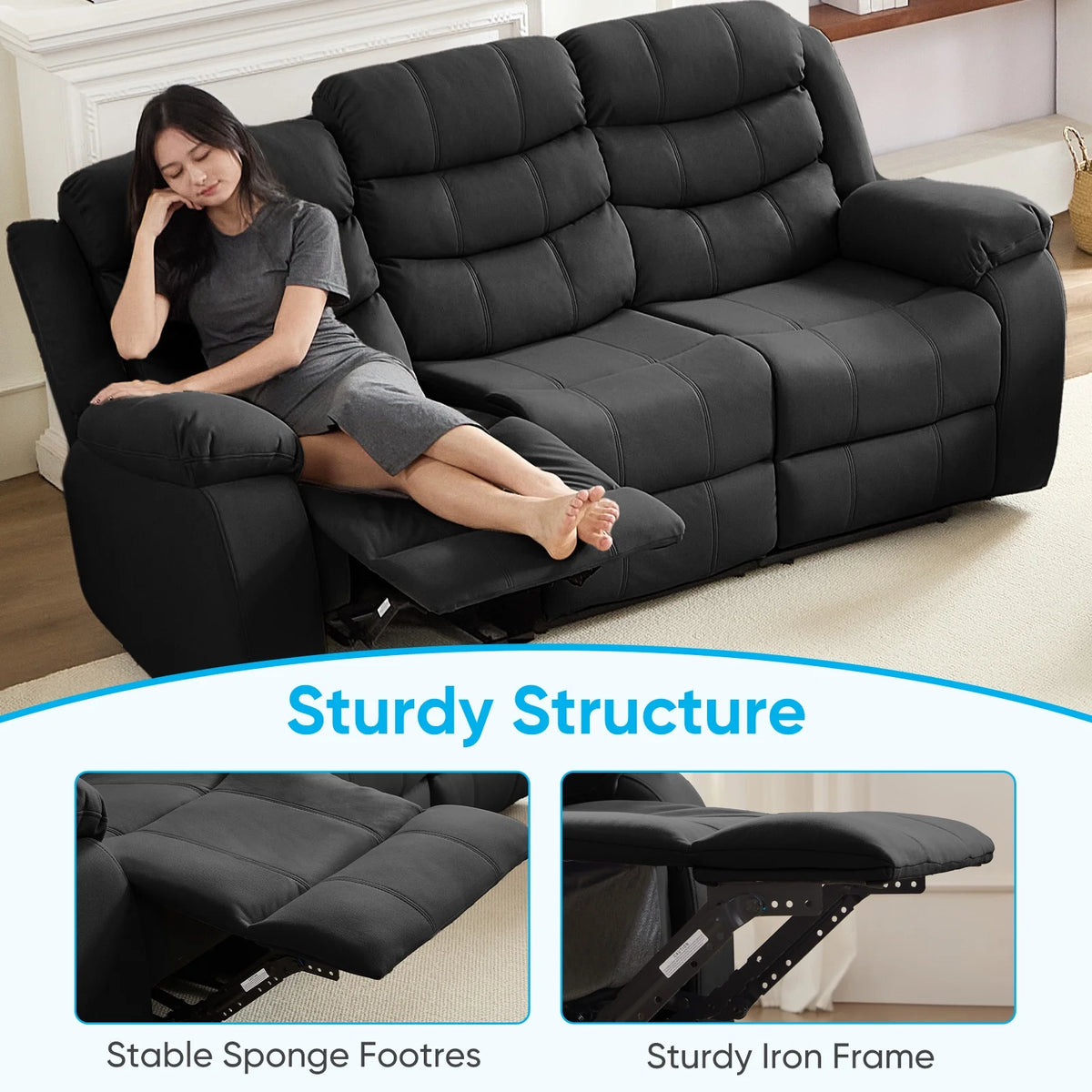 MUZZ Modern Reclining Sofa ,3-Seater Recliner Sofa with Cup Holders, Flip-Up Storage, Reversible Backrest and Footrest, Gray