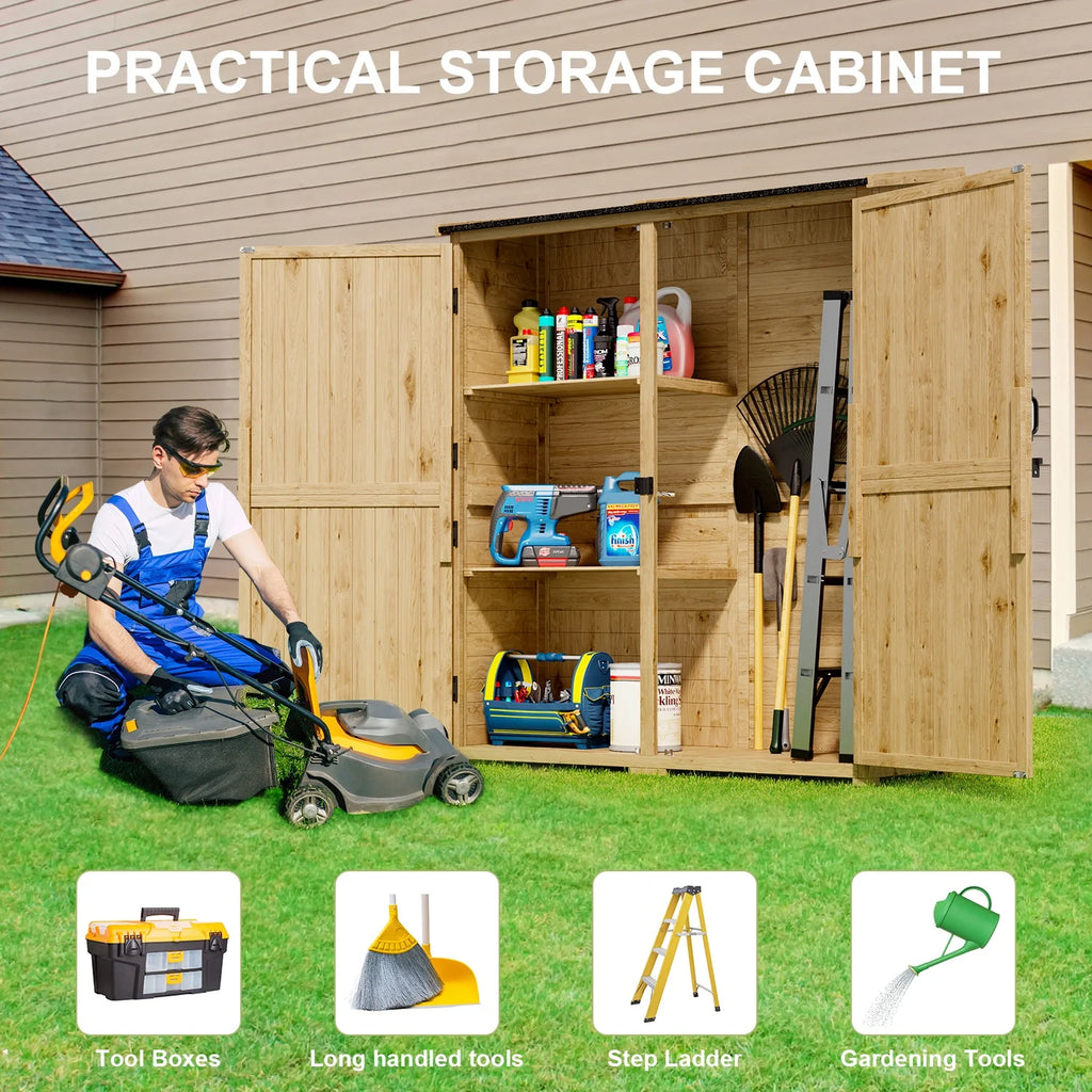 63.2" Outdoor Storage Cabinet, Lofka  Lockable Doors Garden shed with Adjustable Shelves| Asphalt Roof| Ventilate Shutter, Wood Shed with Large Storage Space, Waterproof Roof for Garden, Natural