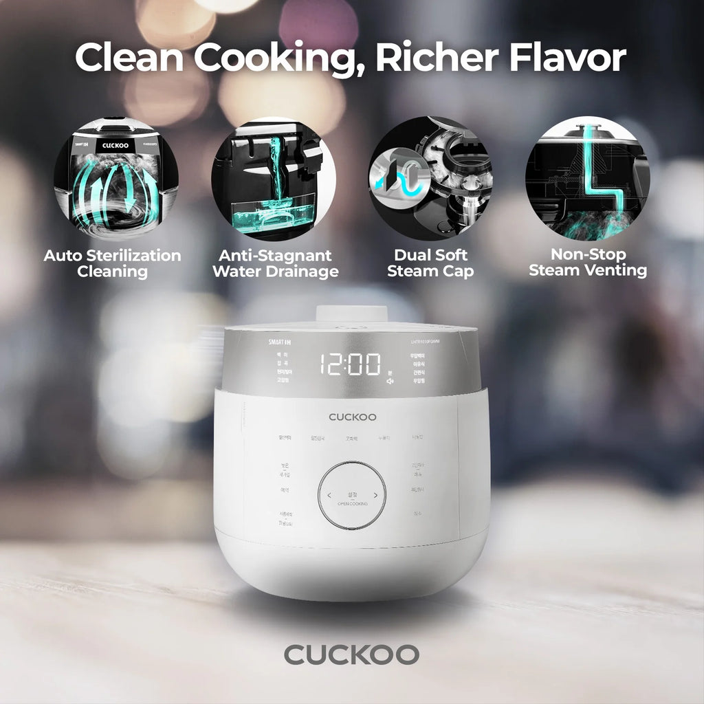Cuckoo 10 Cup Dry Induction Heating Twin Pressure Rice Cooker with Micom Logic Tech, Nonstick Pot, Warmer, 25 Menu Modes and Voice Guide in White (CRP-LHTR1009FW)