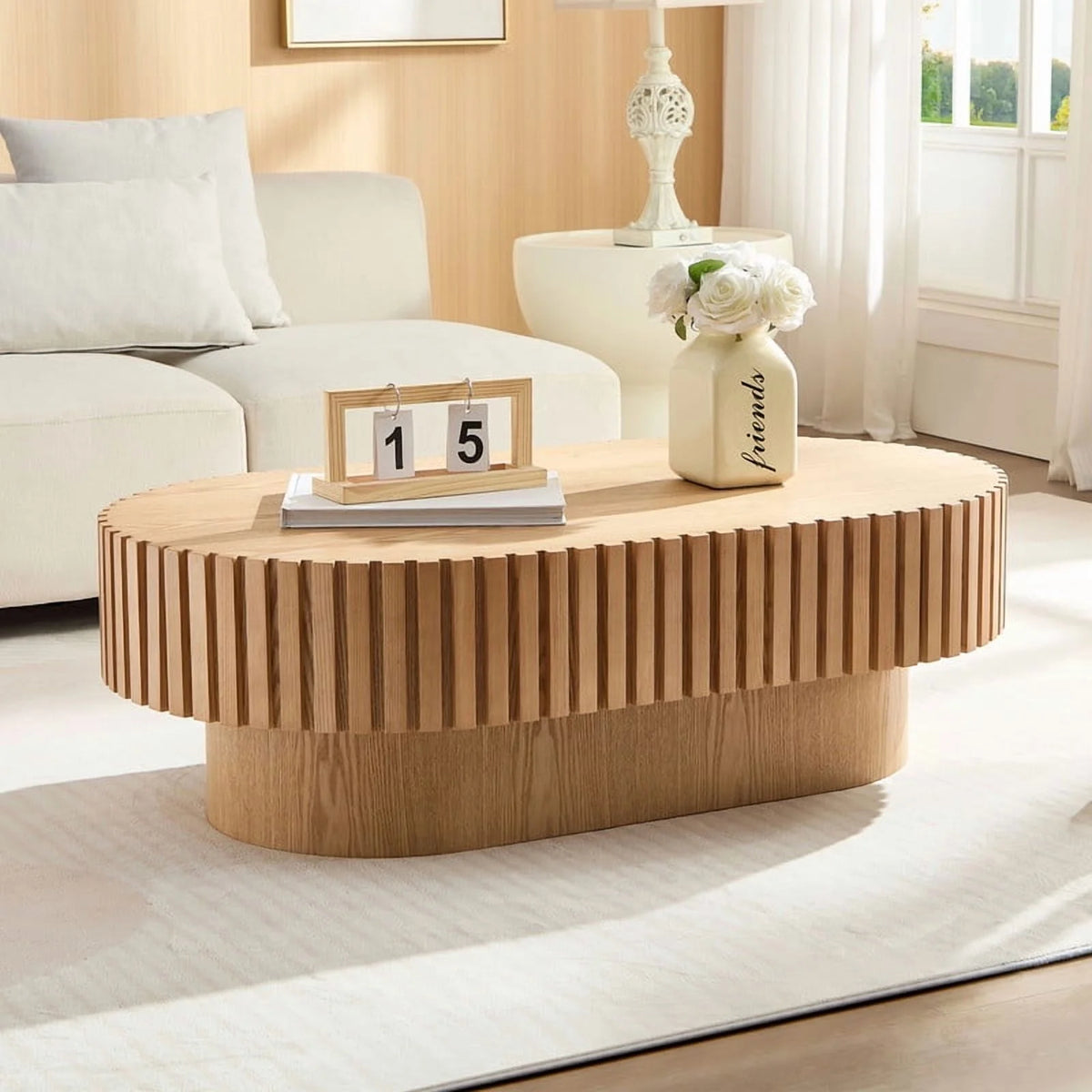FFH 43.7 inch Oval Coffee Table for Living Room,Handcraft Rustic Corner Coffee Table Nature Wood Relief Sturdy Pedestal for Apartmen,Side Table Centre Table,Nature Wood