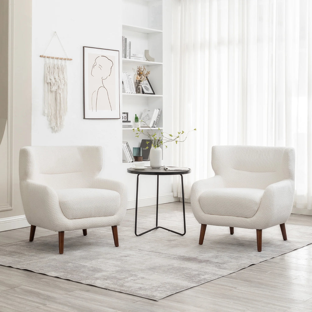 ALEAVIC White Accent Chair Upholstered Armchair with Solid Wood Legs