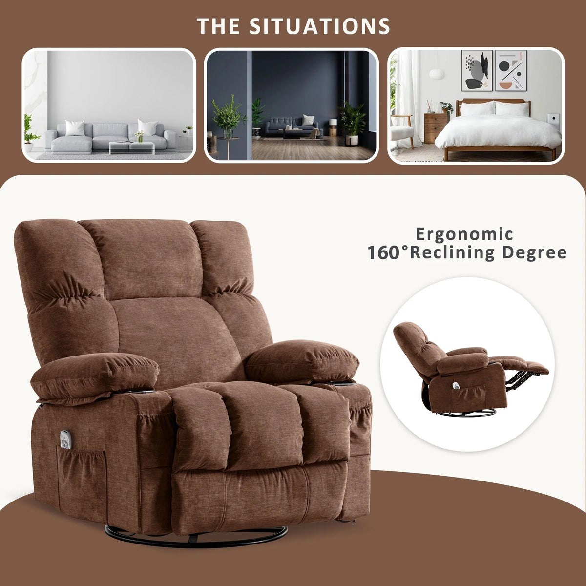 JONPONY Manual Recliner Chair with Heat Therapy and Massage Function, Heavy Duty Reclining Mechanism Massage Chair, Elderly Single Rocker Sofa with Cup Holders for Bedroom Home Theater,Grey