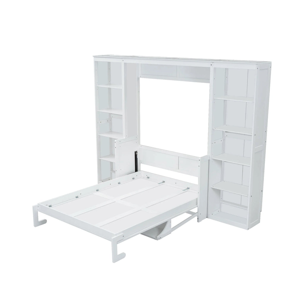 Euroco Wood Full Size Murphy Bed with Desk and Shelves, Space-Saving Wall Bed for Bedroom