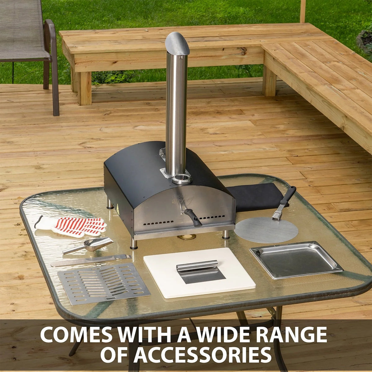 Deco Chef Outdoor Pizza Oven with 2-in-1 Pizza and Grill Oven Functionality, 13" Pizza Stone, Portable Stainless Steel Construction, Pizza Peel, Dough Scraper, Scoop, Slotted Grill (Black)