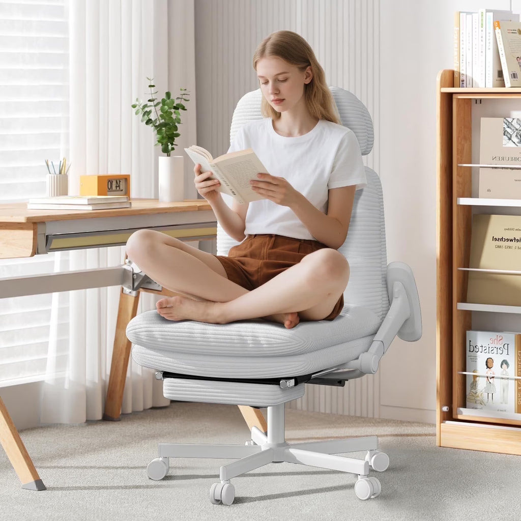 Solfway Criss Cross Chair with Wheels & Flip-up Arms, Executive Office Chair with Foot Rest, Swivel Cross Legged Office Chair, White Corduroy Fabric Comfy Computer Desk Chair, Vanity Chair for Home