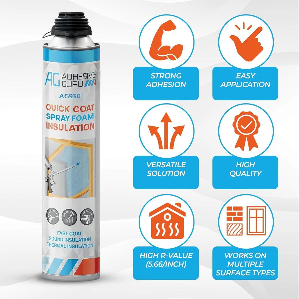 Adhesive Guru Spray Foam Insulation Kit (18 x 32.80 oz/930 gr - 360 Board feet), Self-Expanding Adhesive Foam, Closed Cell Heat Insulation & Acustic Spray with Cleaner and Dispensing Gun- 18 Pack