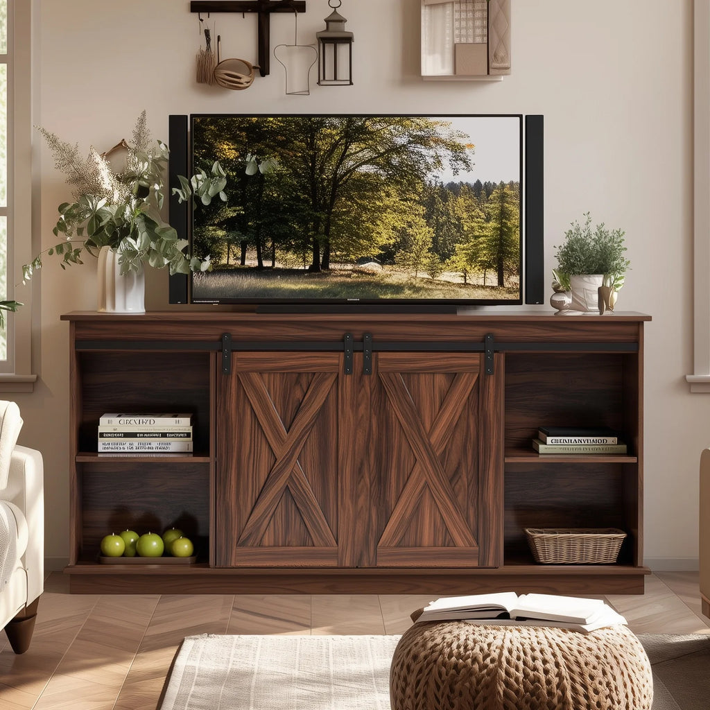 GIANNA TV Stand for Televisions up to 65 Inch, Entertainment Center with Sliding Barn Doors, Storage Cabinets and Media Shelves, Living Room Console Table, White