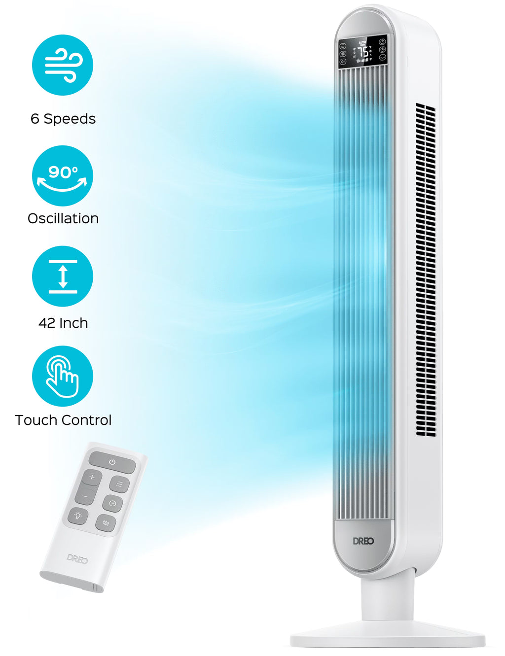 Dreo Tower Fan for Home, 42" Standing Fan with Remote, 90�� Oscillating Fan for Indoors, 34dB Quiet Bedroom Fans, 6 Speeds, 4 Modes, 12H Timer, Bladeless Fan with LED Display, 26 ft/s High Velocity