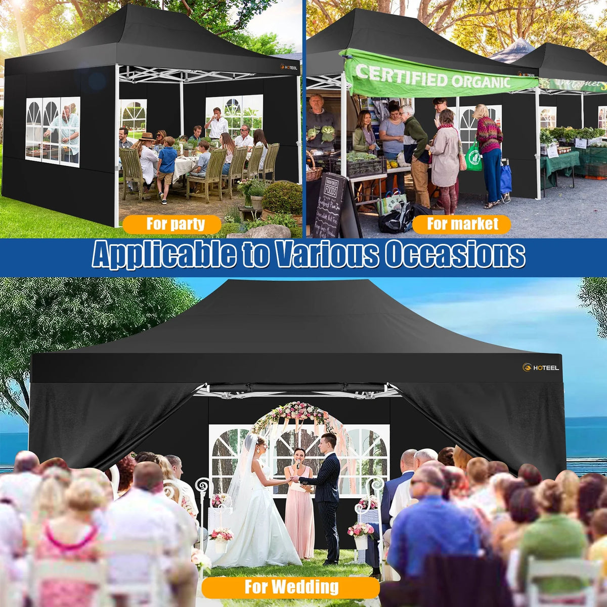 HOTEEL 10x15 Heavy Duty Canopy Tent - Commercial Pop Up with UV50+, Thick Hexagonal Frame, 4 Sidewalls, Anti-Pooling Design & Roller Bag (Black)