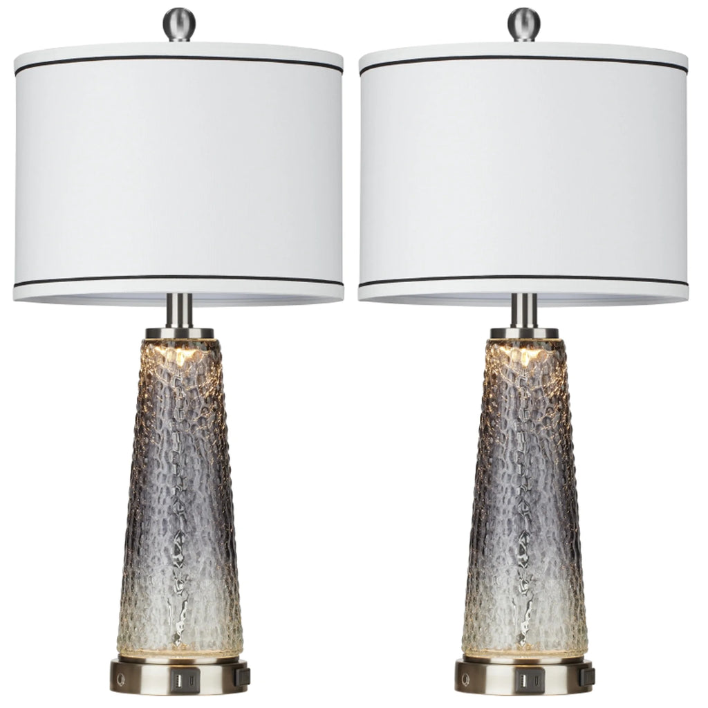 Cinkeda Modern Table Lamp Set of 2 for Bedroom Living Room with USB A+C Ports AC Outlet Gradient Grey Glass Nightlight Nightstand Bedside Lamps