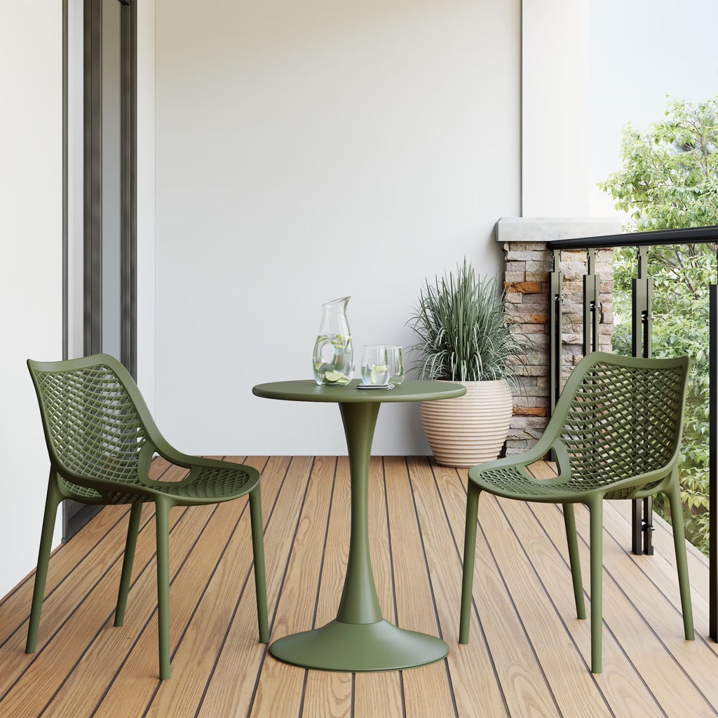 WestinTrends Playa 3-Piece Outdoor Round Metal Dining Table Set And Stackable Resin Patio Dining Side Chairs, Olive Green