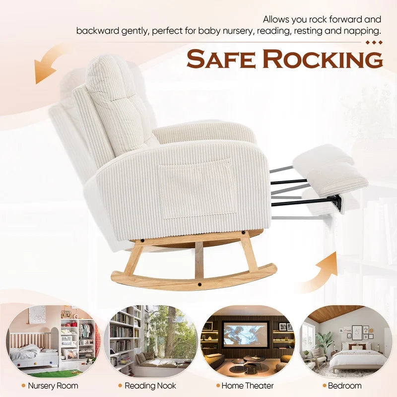FFH Rocking Chair Nursery, Tufted Accent Rocker Chair, Upholstered Armchair with Adjustable Footrest, Side Pocket, High Backrest, Padded Seat, Polyester Blend (Retro, Dark Gray)