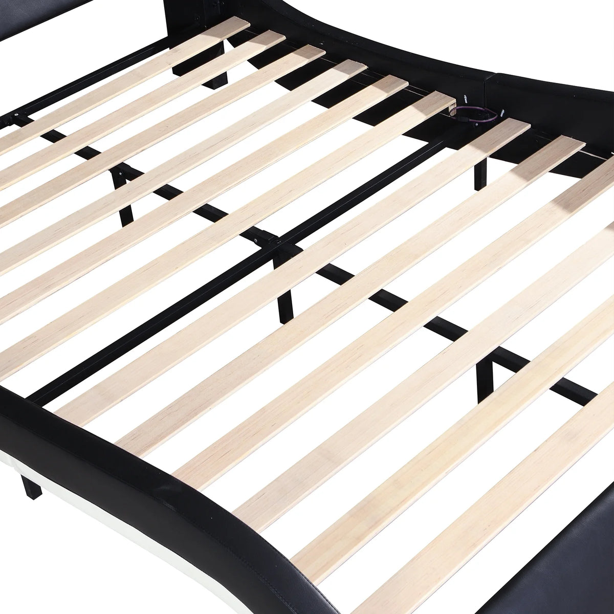 OYang King Size Platform Bed Frame wth LED Light And USB Charging Ports Headboard, Wave-Like Curve Backrest Vibration Massage Upholstered Faux Leather Bed for Home