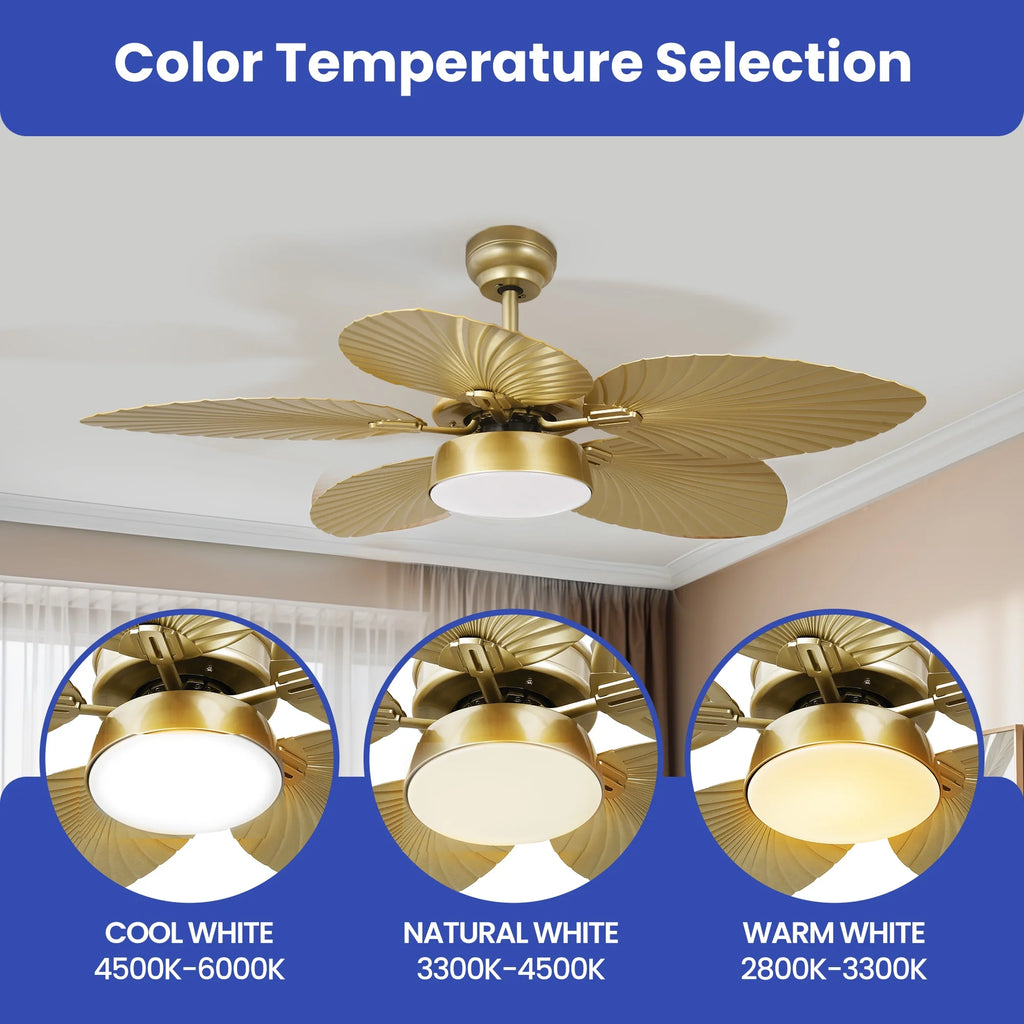 ModFusion 52" Gold Tropical Ceiling Fan with LED Light & Remote �C Palm Leaf Blades, Quiet Reversible DC Motor Indoor/Outdoor