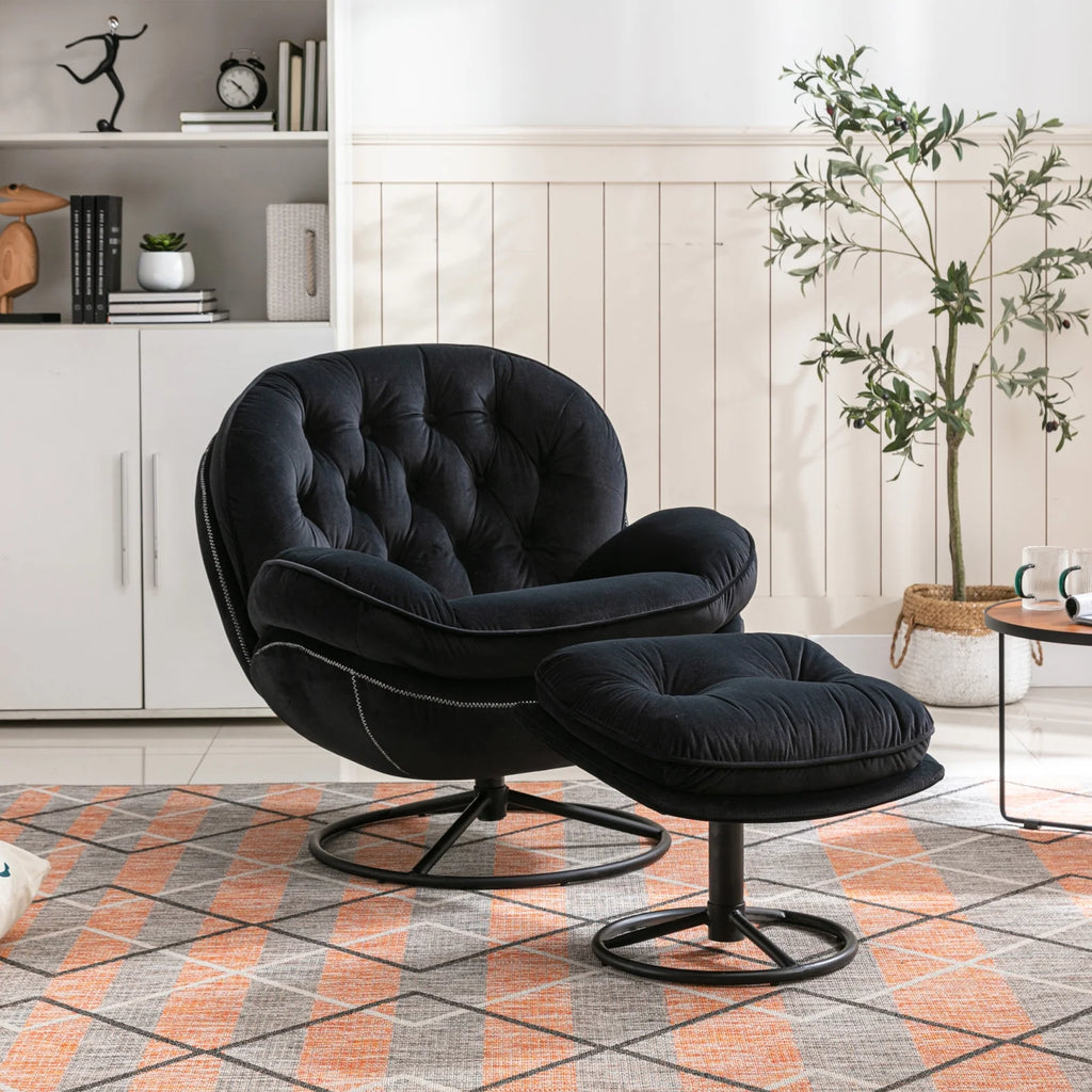 Velvet Swivel Accent Chair with Ottoman, Modern Chaise Lounge Chair with Metal Frame and Footstool, Comfy Armchair Reading Chair for Living Room Bedroom Office,Blue