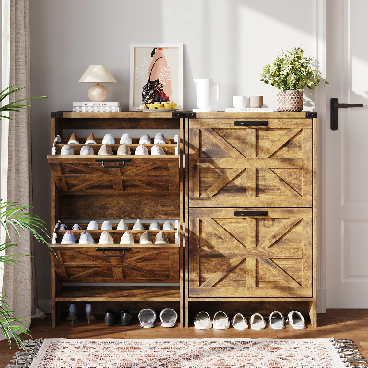 VEANERWOOD Shoes Storage Cabinet With Doors, Farmhouse Shoe Cabinet With 2 Flip Drawers For Entryway,Gray