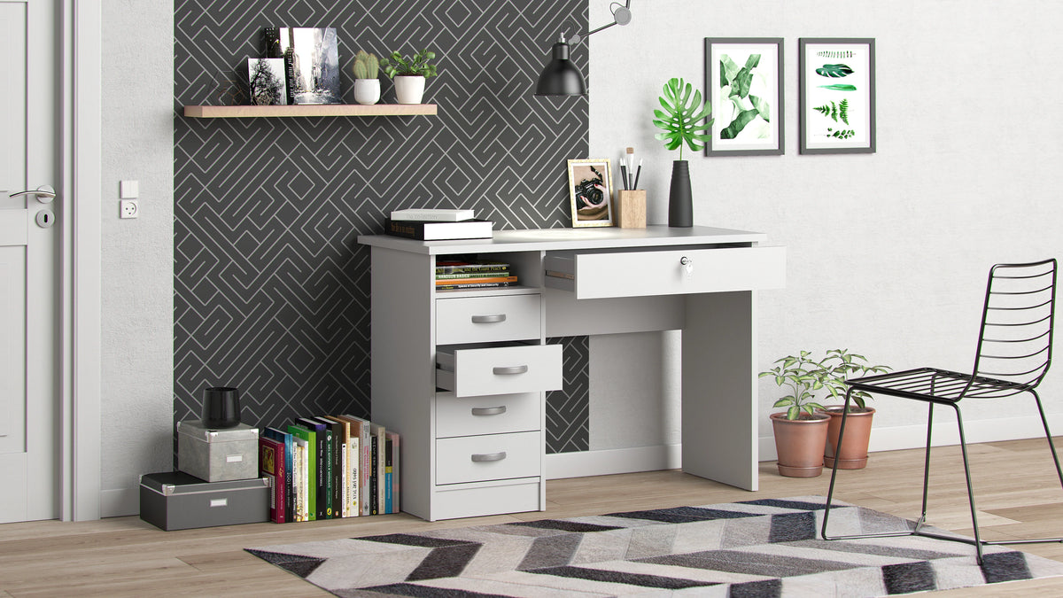 Tvilum Walden 5 Drawer Office Desk with 1 Locking Drawer for Adults, White