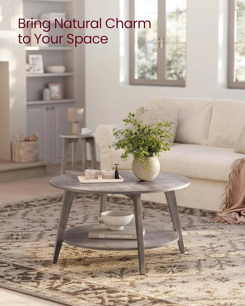VASAGLE Round Coffee Table, 2 Tier Coffee Table with Storage, for Living Room, 31.5 x 17.7 Inches, Easy to Assemble, Honey Brown