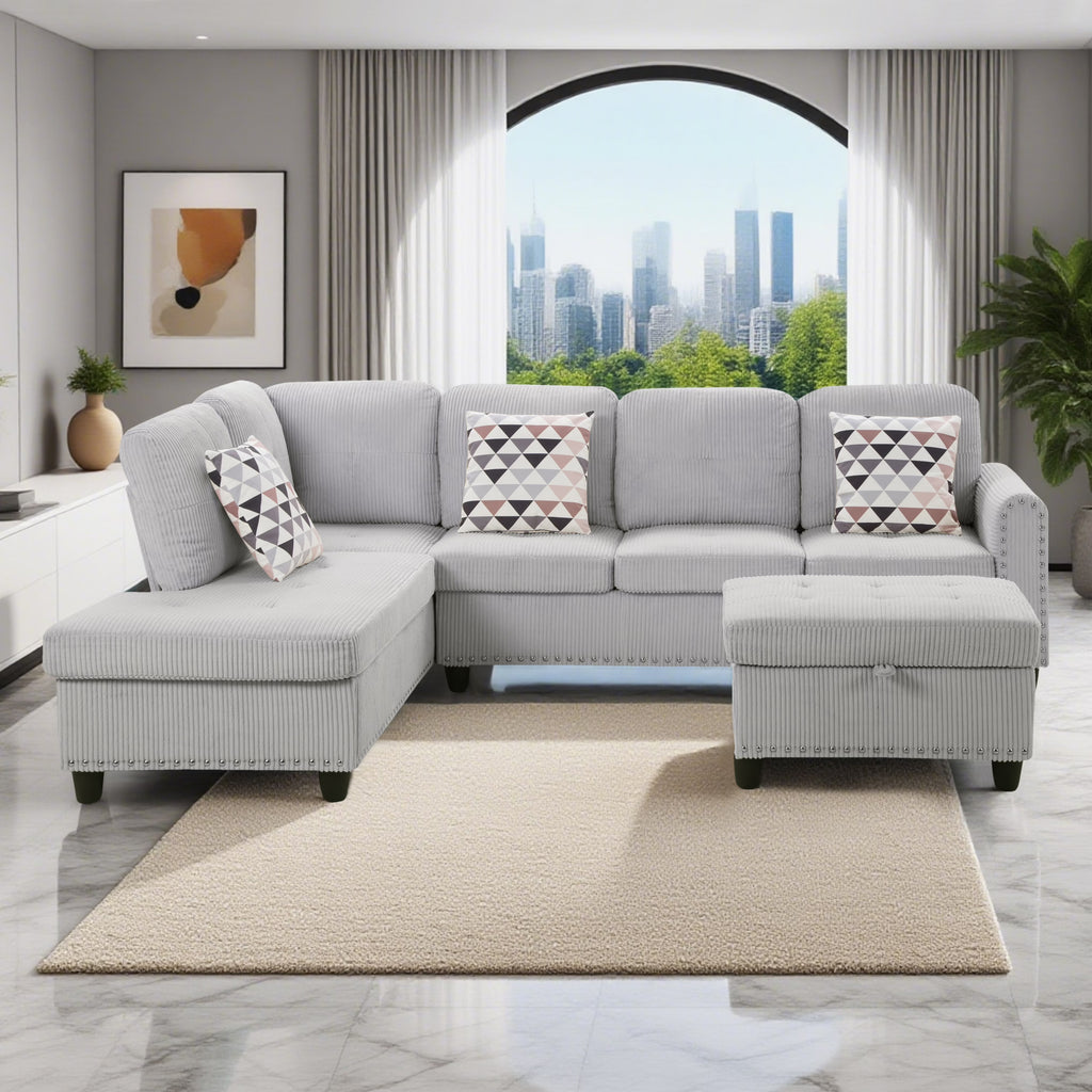 AENKYO 95�� L-Shaped Corduroy Modular Sectional Sofa with Ottoman & Cup Holders �C Living Room Couch for Apartments��Light Gray