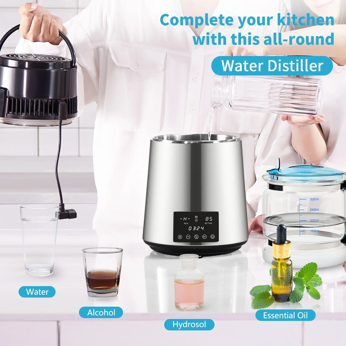 KFFKFF Water Distiller Distilled Water Maker Machine 4L/1.1Gal  0.3Gal/H Output, 750W Power, 0-99H Adjustable Timing