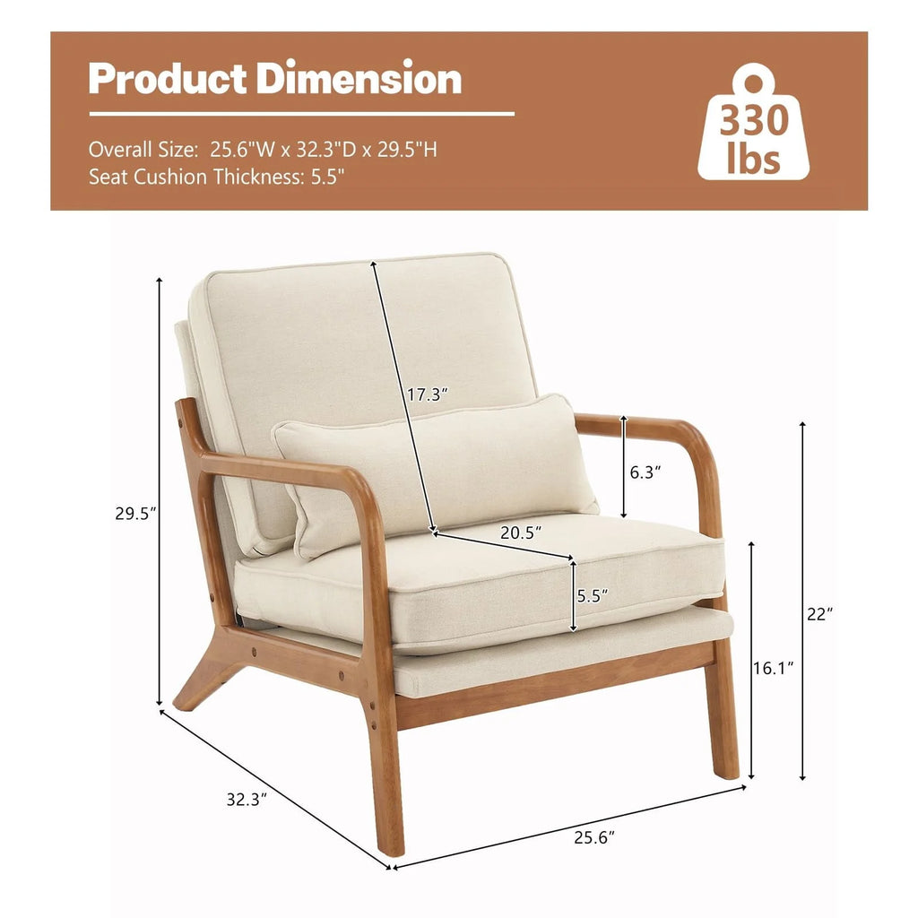 Accent Chairs, Single Linen Lounge Reading Armchair with Solid Wood Frame, Mid Century Modern Easy Assembly Arm Chairs for Living Room-Beige