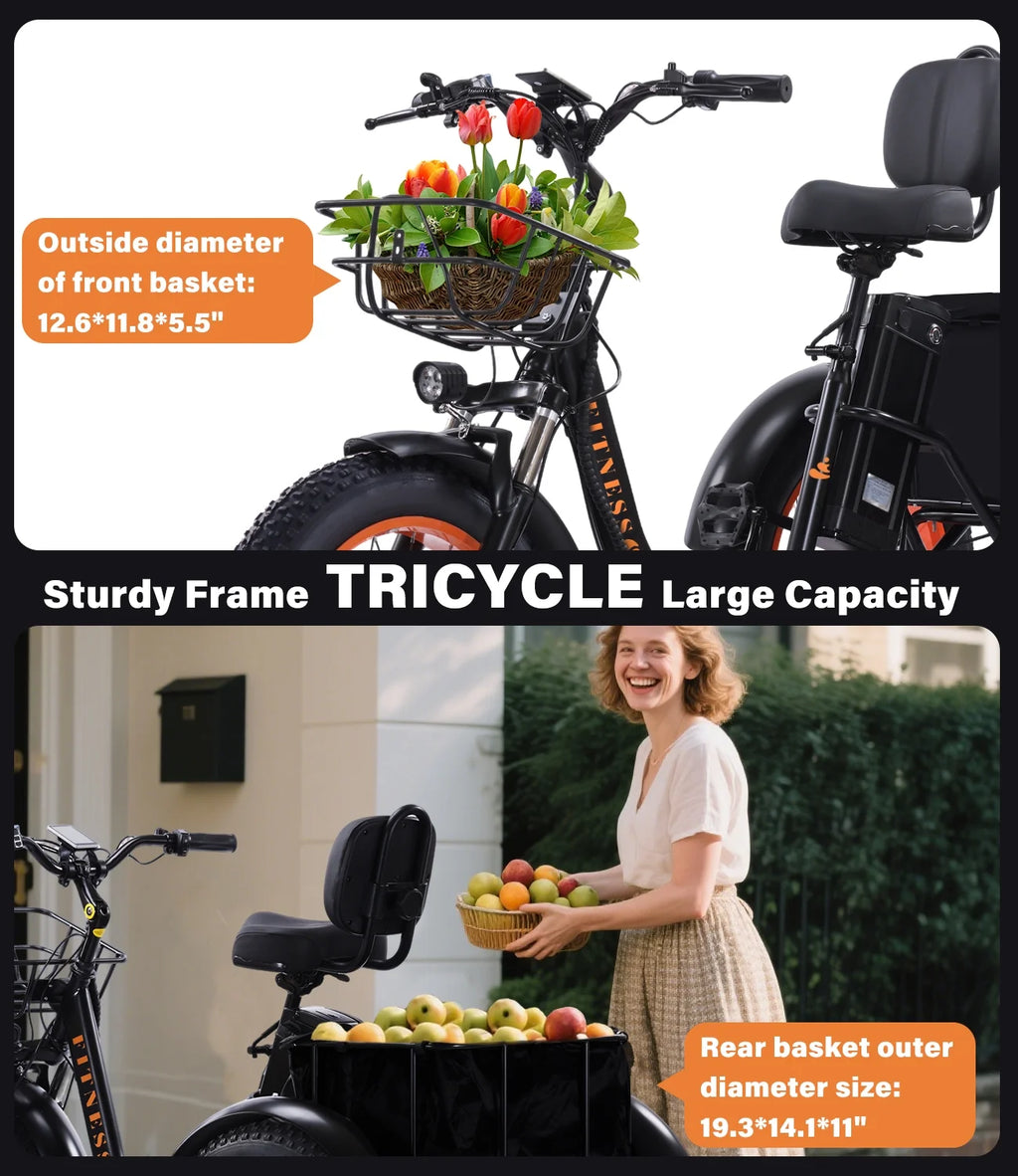 YEBEI Electric Tricycle for Adults Folding E-Trike Motorized Tricycle Electric 3 Wheels Trike Powerful 500W Motor Electric Tricycle 48V15AH Lithium Battery Max 20MPH 20*4.0�� Fat Tire Orange