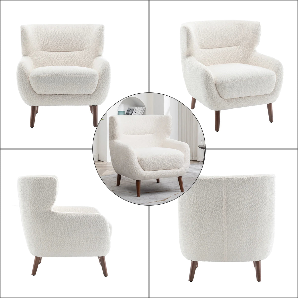 ALEAVIC White Accent Chair Upholstered Armchair with Solid Wood Legs