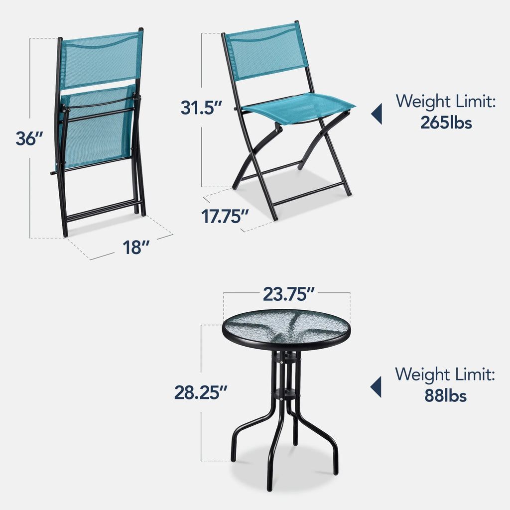 Best Choice Products 3-Piece Patio Bistro Dining Furniture Set w/ Glass Tabletop, Folding Chairs - Gray