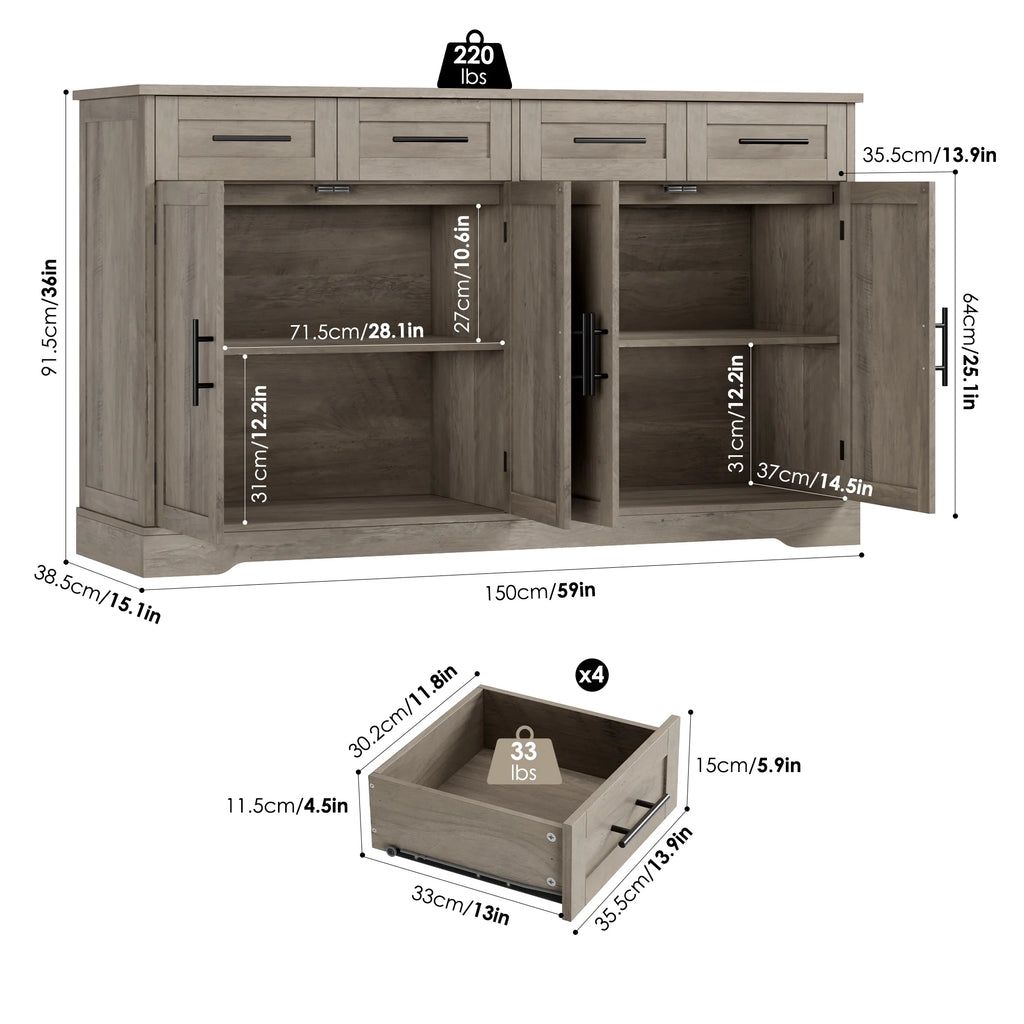 Homfa Farmhouse Buffet Cabinet with 4 Drawers and 4 Doors, 59" W Sideboard Buffet Storage Cabinet with Shelves, for Kitchen Living Room Bedroom, Wash Gray