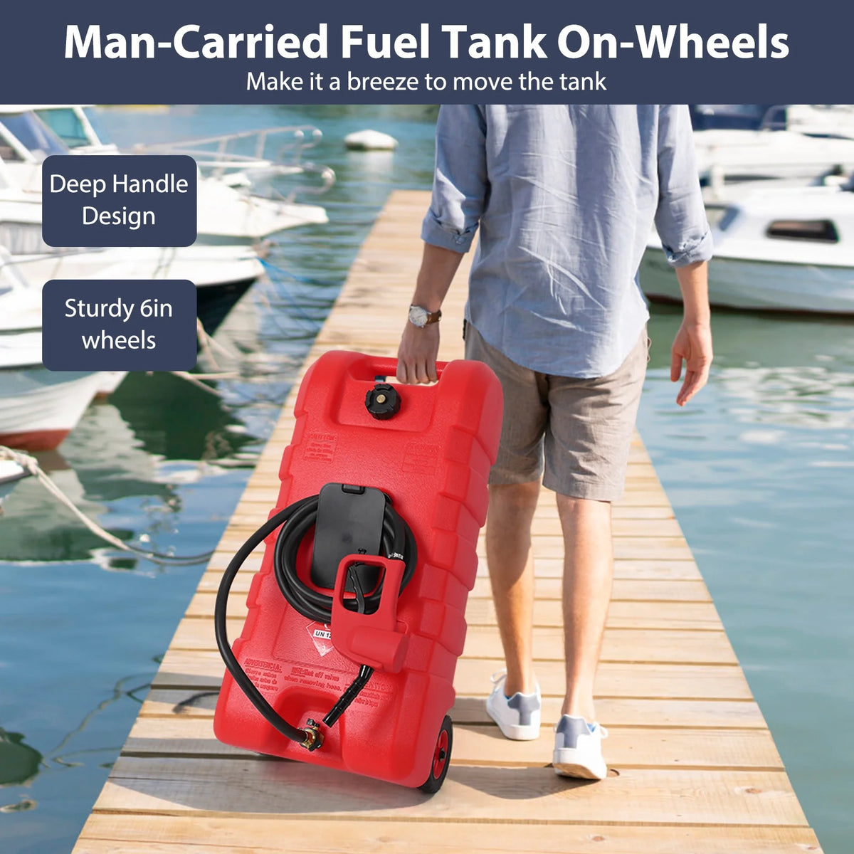 15 Gallon Fuel Caddy, Portable Gas Fuel Tank Container with LE Fluid Transfer Siphon Pump and 10ft. Delivery Hose, Diesel Storage Can On-Wheels for Cars, Lawn Mowers, ATVs, Boats, Gray