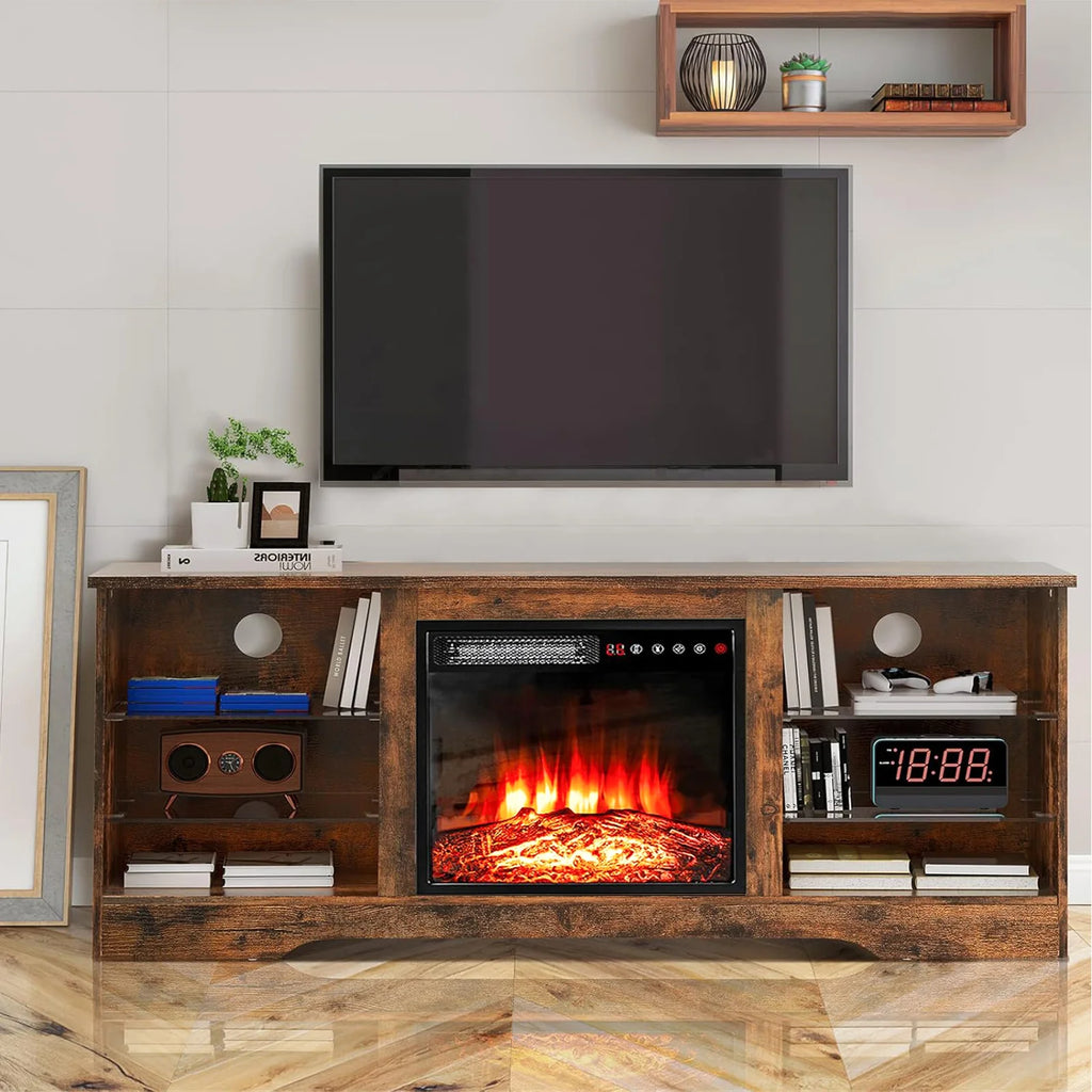 Waleaf Fireplace TV Stand with 18'' Fireplace for TVs up to 65 inch, Two Adjustable Glass Shelves