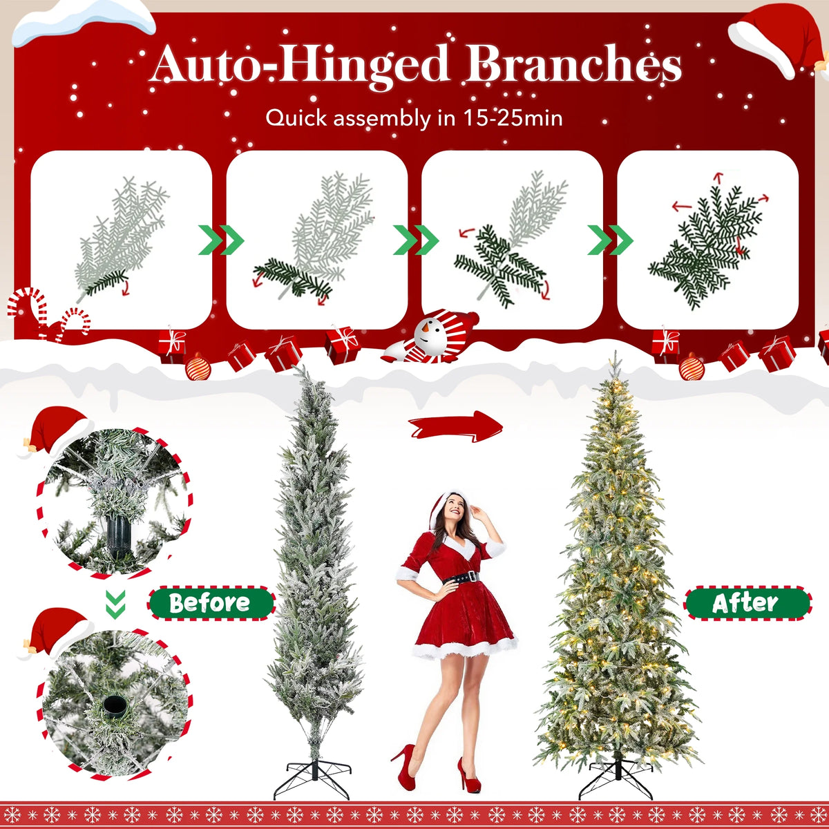Qunler 9ft Snow Flocked Christmas Tree with 2028 Tips, Artificial Snowy Xmas Pine Tree with Reinforced Metal Base for Home Office Party Holiday Decorations ,White(NO Light)