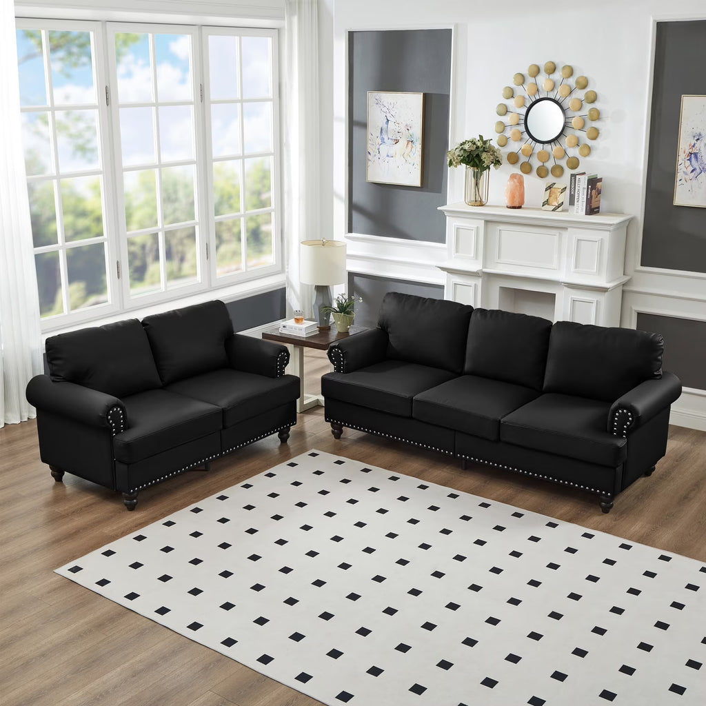 2 Piece Living Room Sofa Set, Modern Leather 3 Seater and Loveseat Sofa with Storage Seats and Rolled Nails Arms for Living Room, Brown