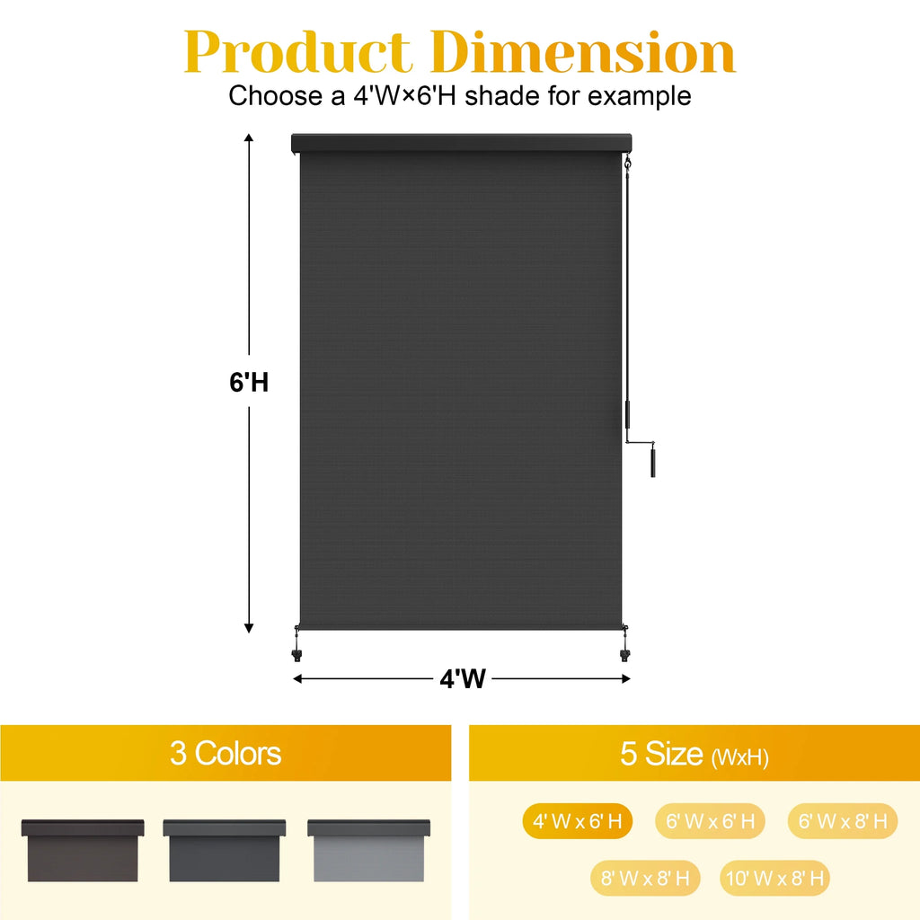 Superjoe Outdoor Roller Shade for Patio, Cordless Blackout Waterproof Blind, UV Block, 4'L x 6'W